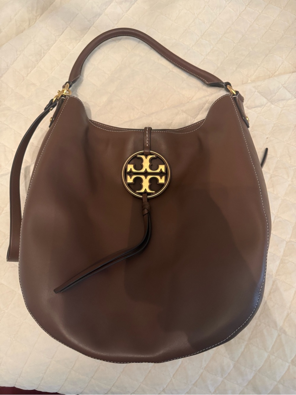 Tory Burch Chocolate Brown Leather Shoulder Hobo with Gold Logo